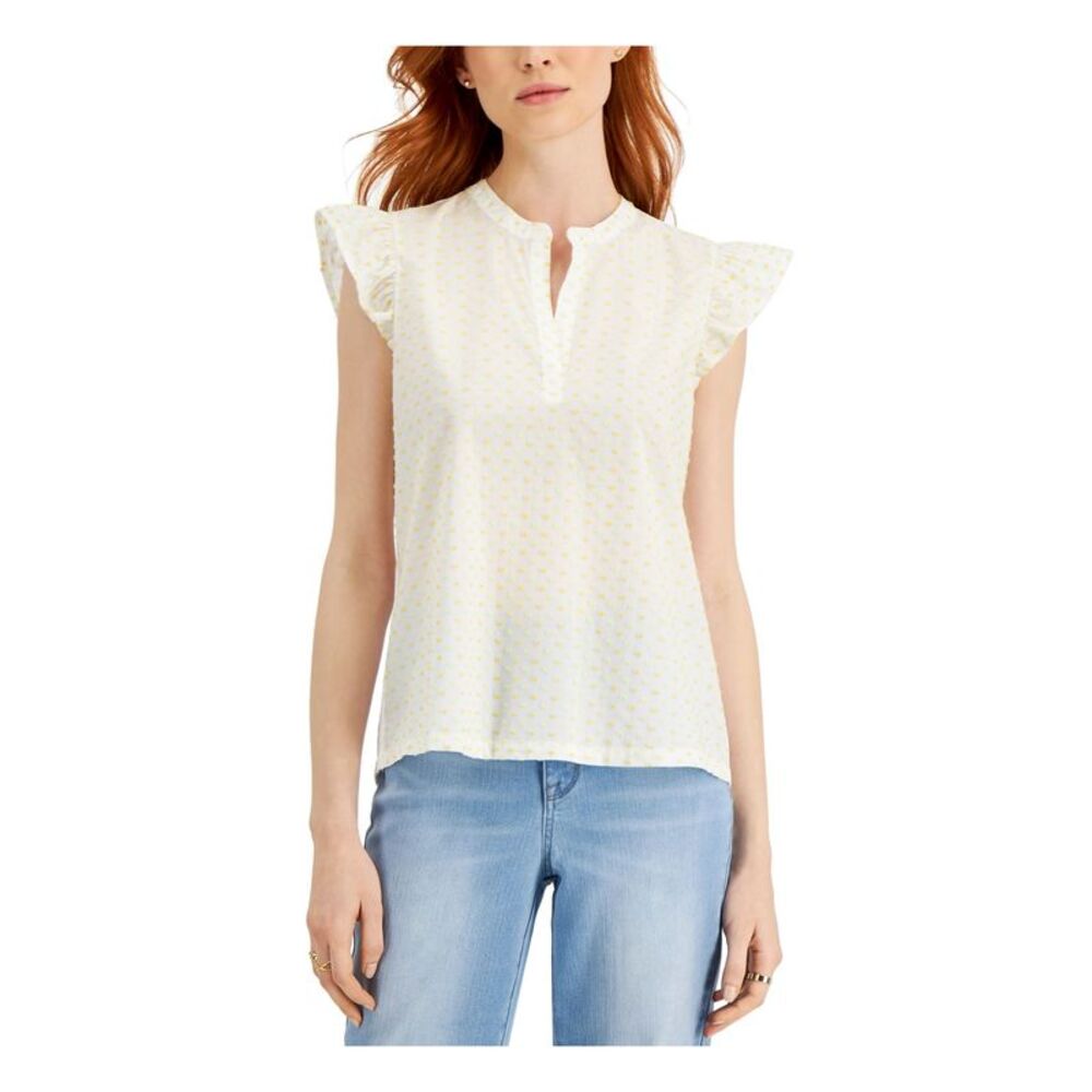 STYLE & COMPANY Womens Yellow Stretch Relaxed Fit Flutter Sleeve Split Top PS